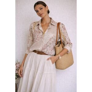 Denim & Co. Patchwork Floral Button-Up Shirt M Boho Cottagecore India Cotton